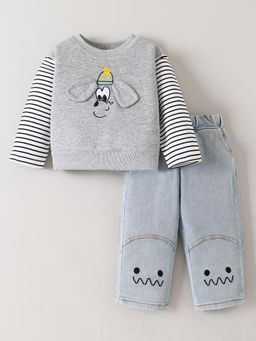 Hopscotch - Puppy Applique Sweatshirt and Jeans - Grey
