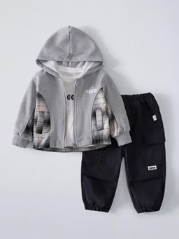 Hopscotch - Checkered Hooded Jacket with T-Shirt and Joggers - Grey
