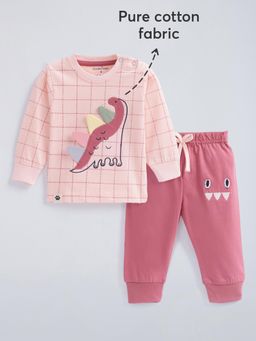 Hopscotch - Checkered Dino Cotton T-Shirt and Joggers - Pink
