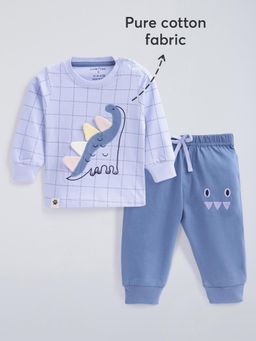 Hopscotch - Checkered Dino Cotton T-Shirt and Joggers - Blue