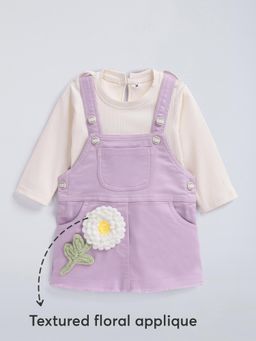 Hopscotch - Floral Applique Cotton Dungaree with T-Shirt - Beige