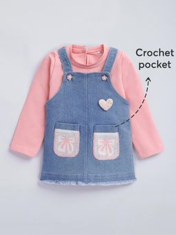 Hopscotch - Heart Applique Cotton Dungaree with T-Shirt - Pink
