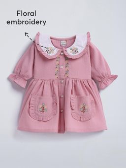 Hopscotch - Floral Embroidered Cotton Knee Dress - Pink