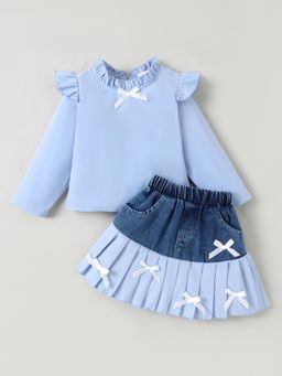 Hopscotch - Bow Applique Blouse and Skirt - Blue