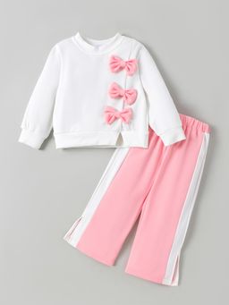 Hopscotch - Bow Applique Sweatshirt and Pants - White