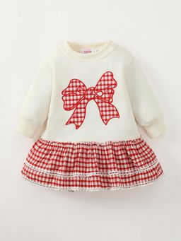 Hopscotch - Checkered Bow Embroidered Knee Dress - White