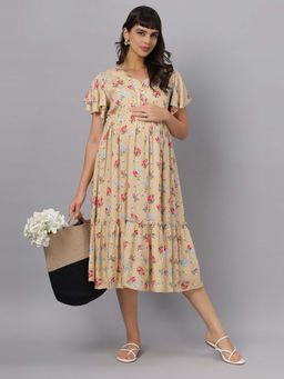 Mamma's Maternity - Beige Floral Rayon Feeding Dress