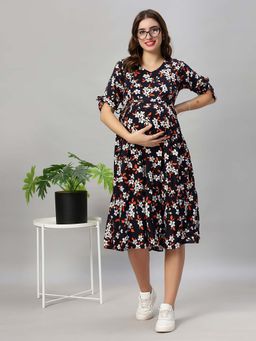 Mamma's Maternity - Black Floral Floral Rayon Feeding Dress
