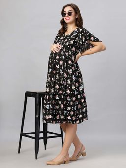 Mamma's Maternity - Black Floral Rayon Feeding Dress