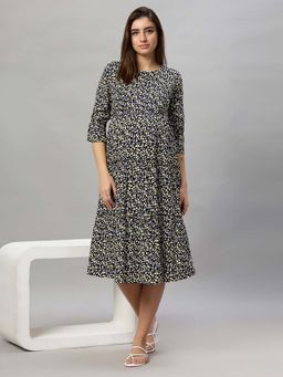 Mamma's Maternity - Black Botanical Printed Rayon Feeding Dress