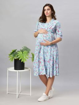 Mamma's Maternity - Blue Floral Rayon Feeding Dress