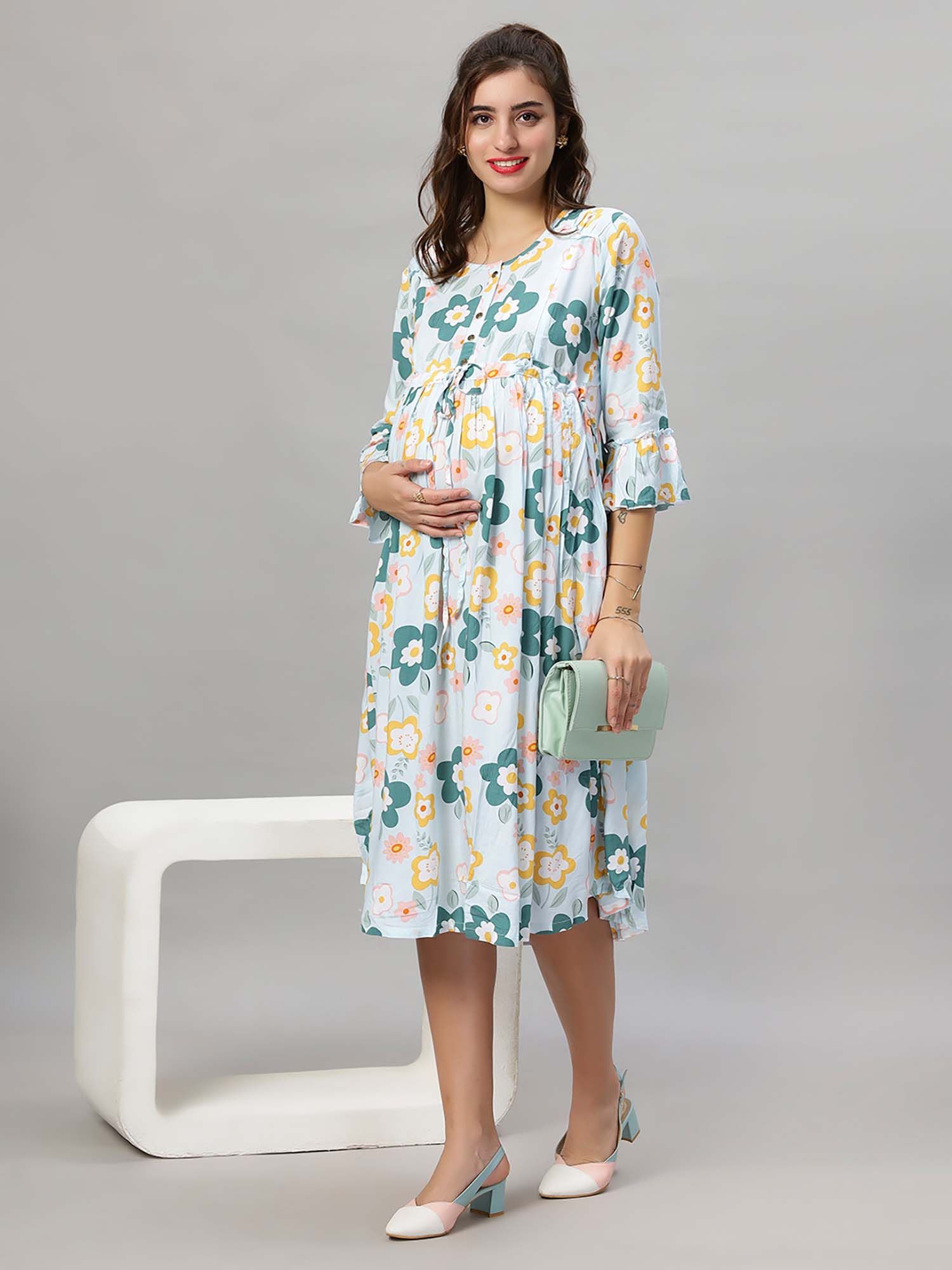 mamma's maternity Blue Floral Rayon Feeding Dress-picture-12