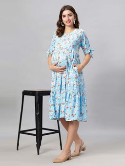 Mamma's Maternity - Blue Floral Floral Rayon Feeding Dress