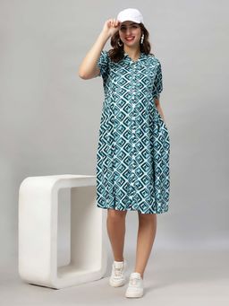 Mamma's Maternity - Blue Printed Geometric Printed Rayon Feeding Dress