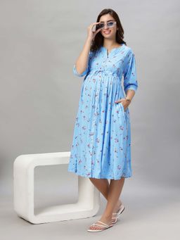 Mamma's Maternity - Blue Floral Rayon Feeding Dress