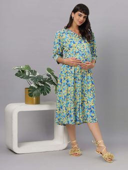 Mamma's Maternity - Blue Floral Rayon Feeding Dress