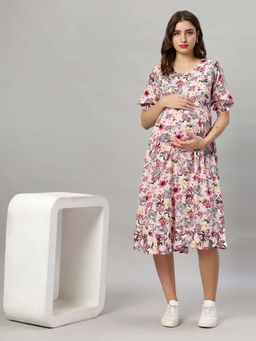 Mamma's Maternity - Pink Floral Rayon Feeding Dress with Belt (Set of 2)