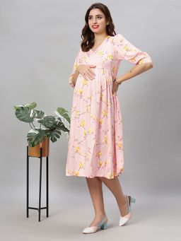 Mamma's Maternity - Pink Floral Rayon Feeding Dress