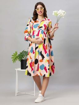 Mamma's Maternity - Pink Printed Rayon Feeding Dress