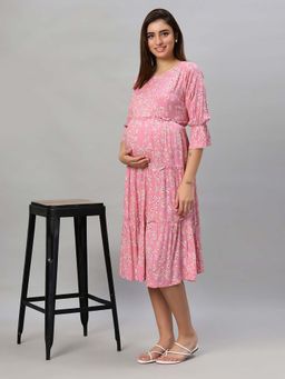 Mamma's Maternity - Pink Floral Rayon Feeding Dress