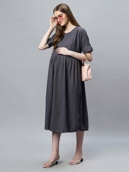 Mamma's Maternity - Grey Stripes Printed Cotton Feeding Dress