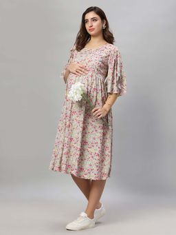 Mamma's Maternity - Grey Floral Rayon Feeding Dress