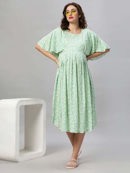Mamma's Maternity - Green Floral Rayon Feeding Dress with Belt (Set of 2)