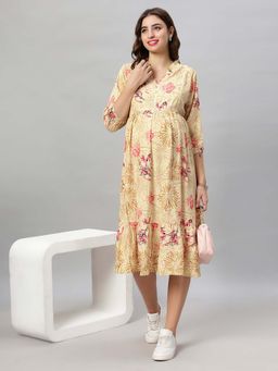 Mamma's Maternity - Mustard Printed Rayon Feeding Dress