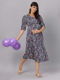 Mamma's Maternity - Navy Blue Botanical Printed Rayon Feeding Dress