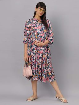 Mamma's Maternity - Navy Blue Floral Rayon Feeding Dress