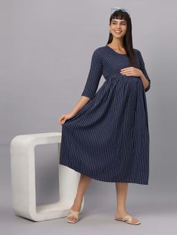 Mamma's Maternity - Navy Blue Stripes Printed Cotton Feeding Dress