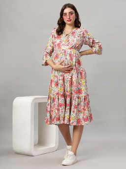 Mamma's Maternity - Off White Floral Rayon Feeding Dress