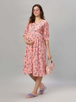 Mamma's Maternity - Peach Floral Rayon Feeding Dress