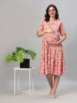 Mamma's Maternity - Peach Floral Floral Rayon Feeding Dress