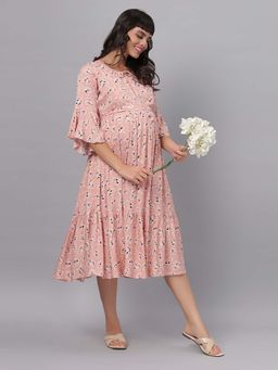 Mamma's Maternity - Peach Printed Rayon Feeding Dress with Belt (Set of 2)