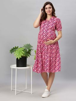 Mamma's Maternity - Pink Printed Geometric Printed Rayon Feeding Dress