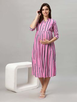 Mamma's Maternity - Pink Stripes Printed Rayon Feeding Dress