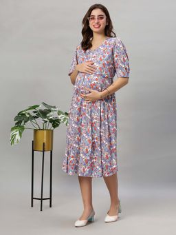 Mamma's Maternity - Purple Botanical Printed Rayon Feeding Dress