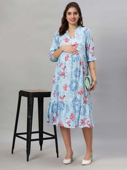 Mamma's Maternity - Blue Printed Rayon Feeding Dress