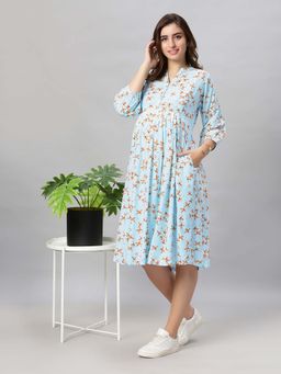Mamma's Maternity - Blue Printed Botanical Printed Rayon Feeding Dress