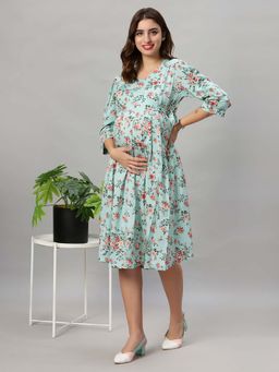 Mamma's Maternity - Green Floral Rayon Feeding Dress