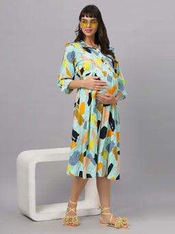 Mamma's Maternity - Green Printed Rayon Feeding Dress