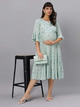 Mamma's Maternity - Green Printed Rayon Feeding Dress