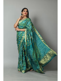 KISHORI - Womens Bandhani and Banarasi Saree and Blouse Fabric-Green