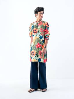 KISAH - Mens Blended Fabric Multi-Color Kurta