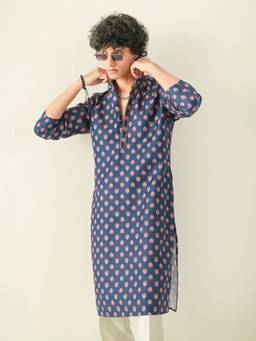 KISAH - Mens Blended Navy Blue Kurta