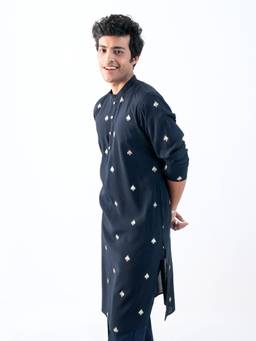 KISAH - Mens Blended Fabric Navy Blue Kurta