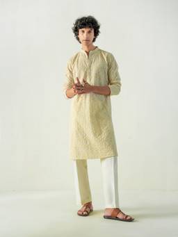 KISAH - Mens Blended Fabric Yellow Kurta