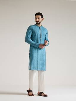 KISAH - Mens Blended Fabric Blue Kurta