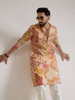 KISAH - Mens Blended Fabric Beige Kurta